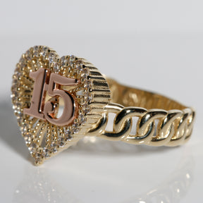 Golden Heart Chain Quinceañera “15” Ring – 14K Solid Gold with Clear CZ