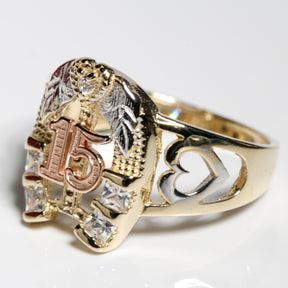 Lucky Horseshoe Quinceañera “15” Ring – 14K Solid Gold Three-Tone with Clear CZ