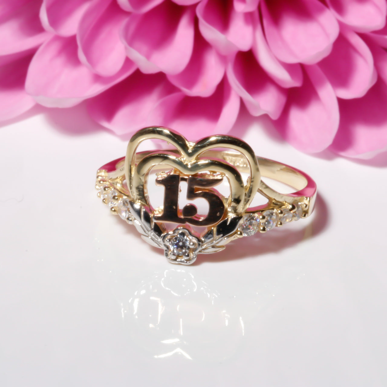 14K Solid Gold Double Heart Quinceañera “15” Ring – Clear Cubic Zirconia Stones