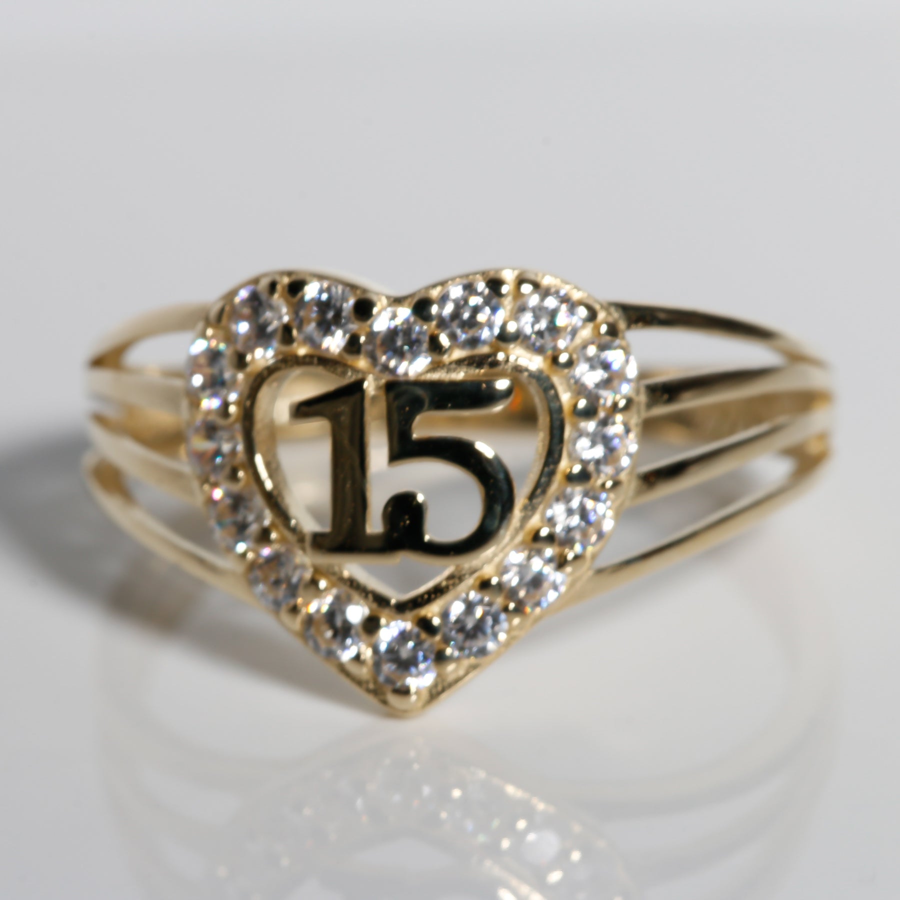 Eternal Heart Quinceañera “15” Ring – 14K Solid Yellow Gold with Clear CZ