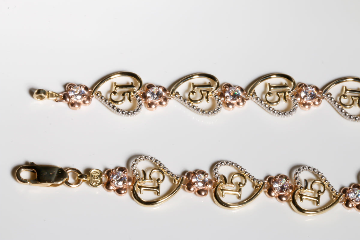 Hearts & Flowers Quinceañera Bracelet cz, 14k Solid Two-tone Gold