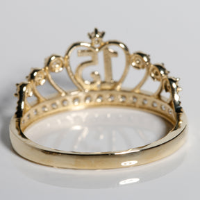 14K Solid Gold Quinceañera Crown Ring with “15” Design & Cubic Zirconia Accents
