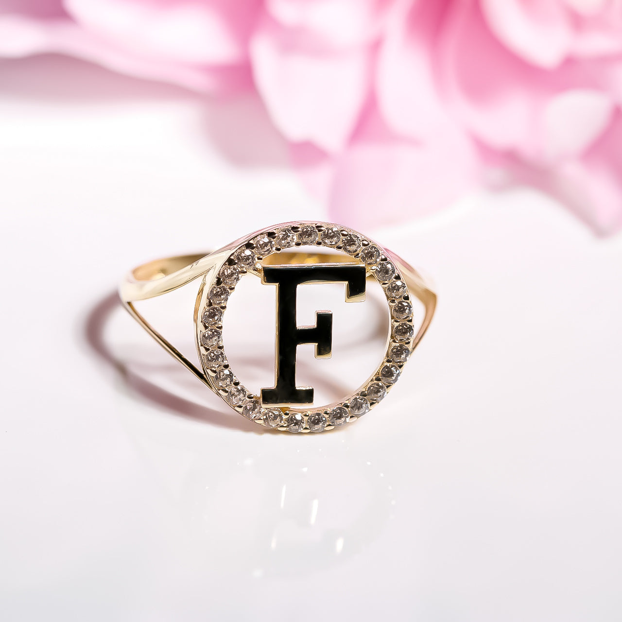 Letter F Ring cz, 14K Solid Yellow Gold