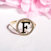 Letter F Ring cz, 14K Solid Yellow Gold