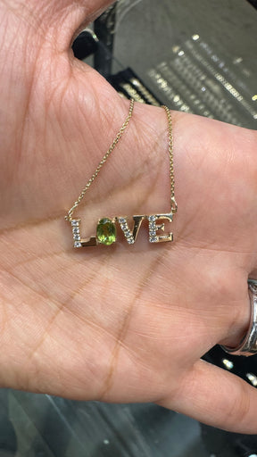 14K Solid Gold LOVE Pendant with Peridot and Cubic Zirconias