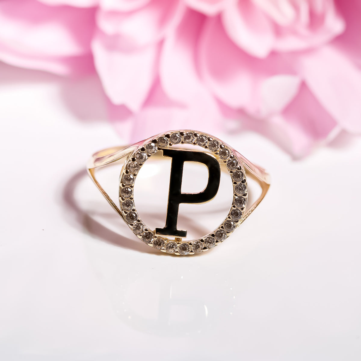 Letter P Ring cz , 14K Solid Yellow Gold