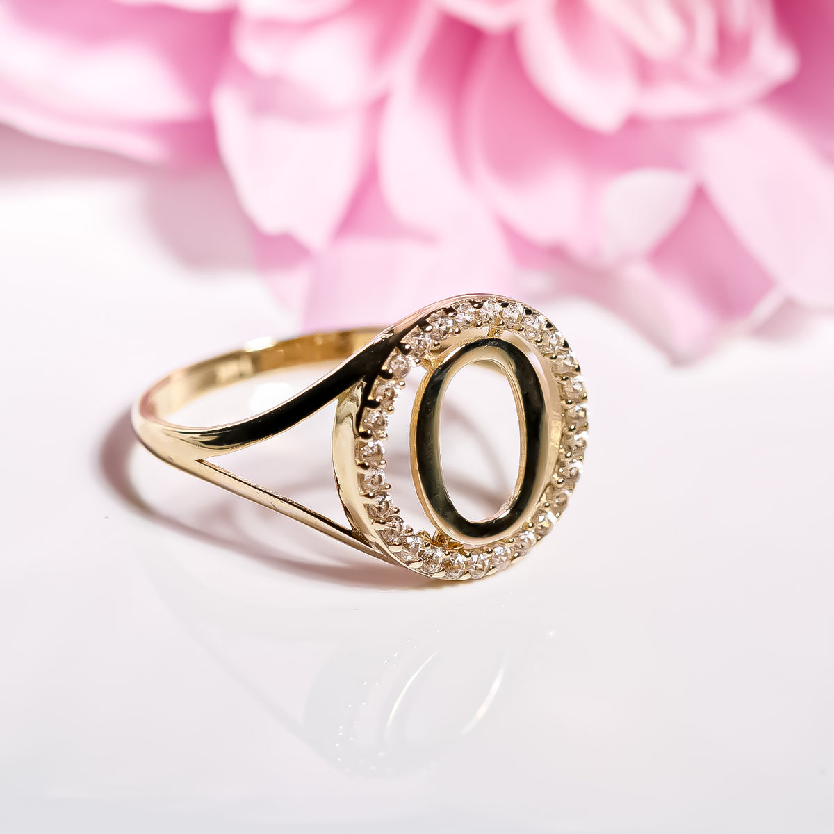 Letter O Ring cz, 14K Solid Yellow Gold