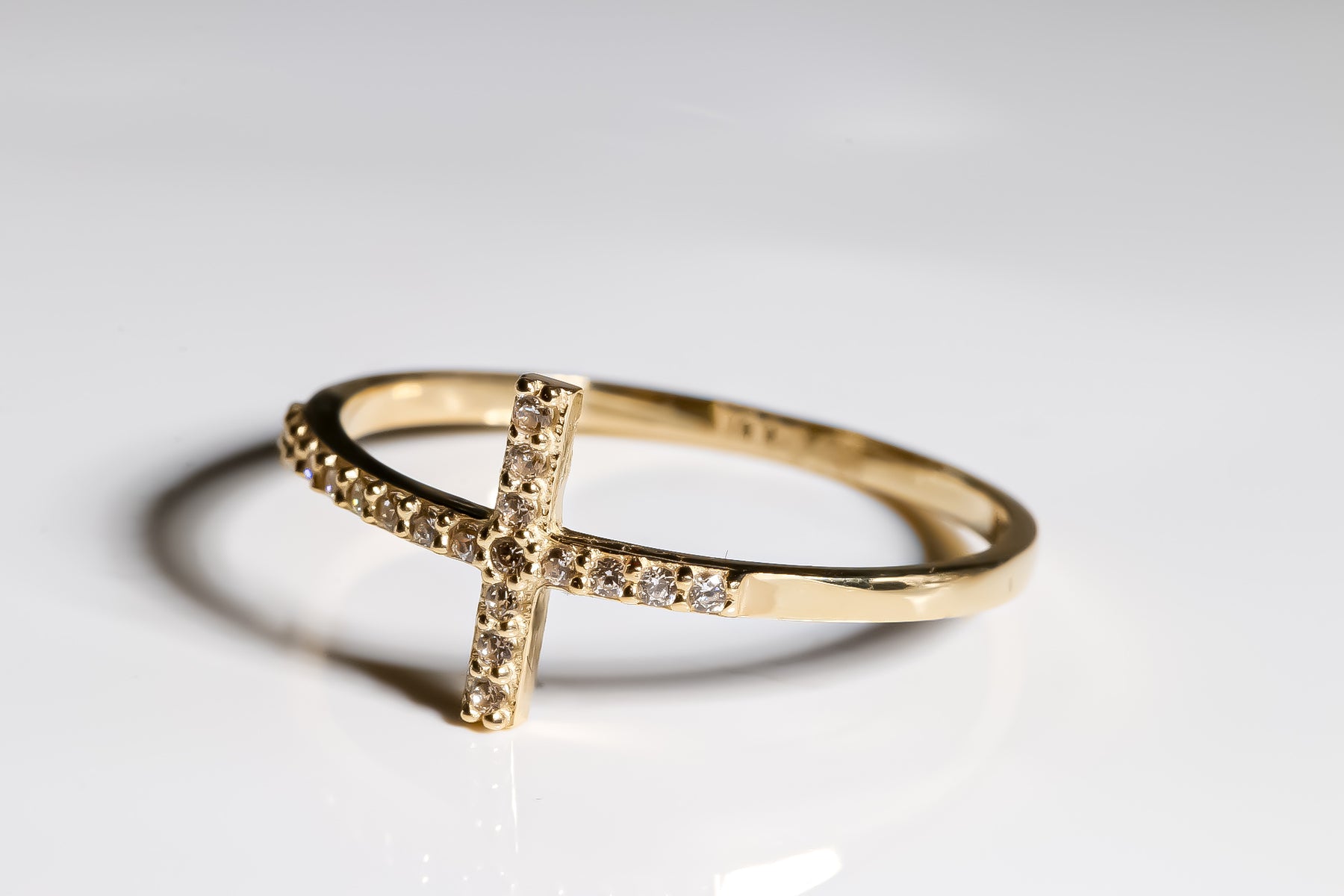 Cross Ring cz, 14K Solid Yellow Gold