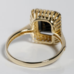 14K solid yellow gold ring band with black onyx halo design