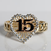 Golden Heart Chain Quinceañera “15” Ring – 14K Solid Gold with Clear CZ