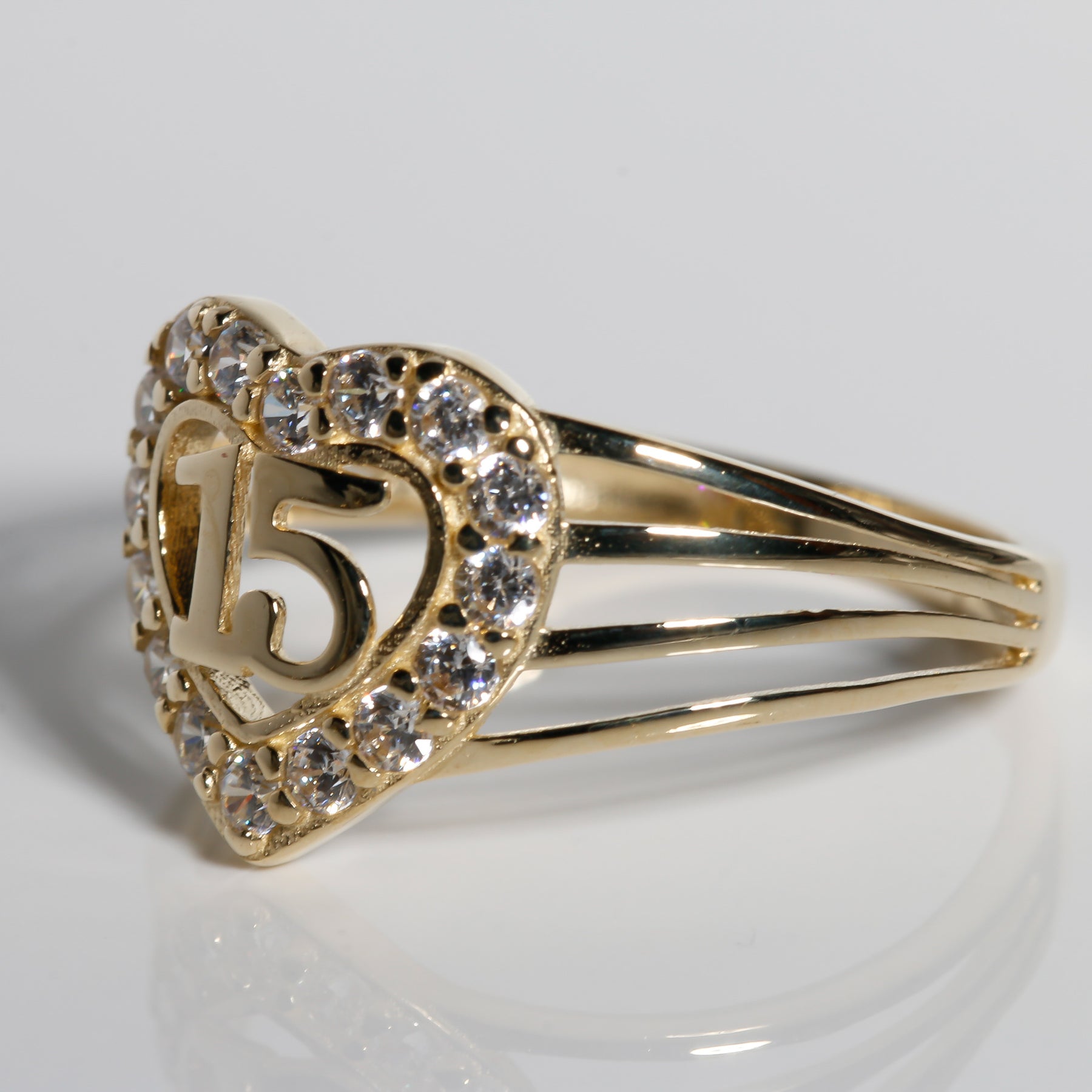 Eternal Heart Quinceañera “15” Ring – 14K Solid Yellow Gold with Clear CZ