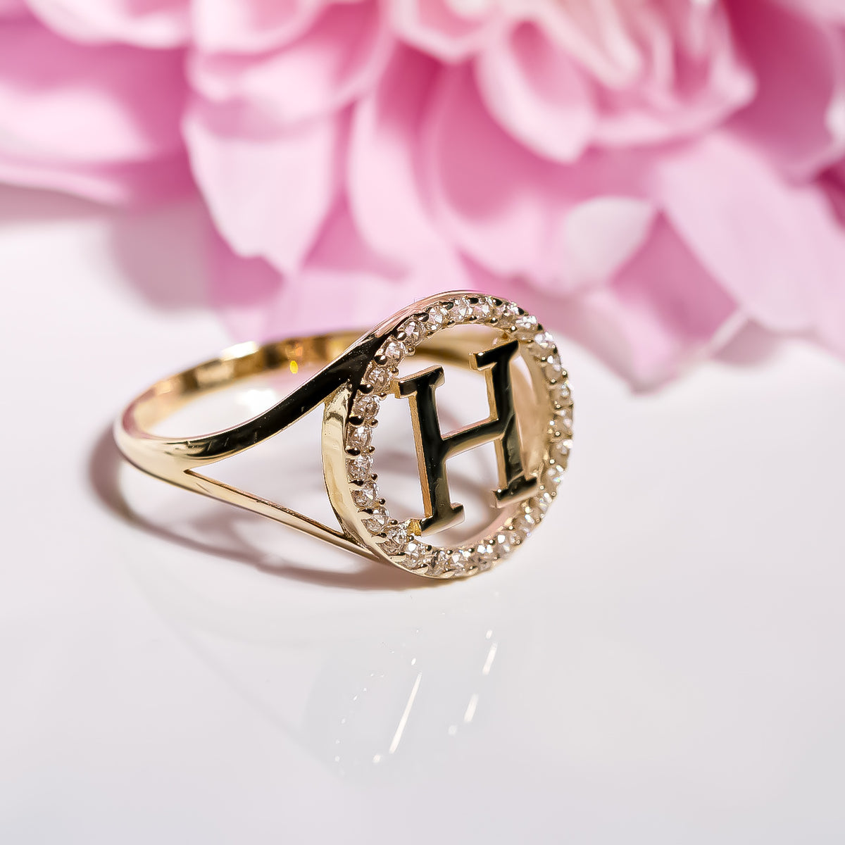 Letter H Ring cz, 14K Solid Yellow Gold