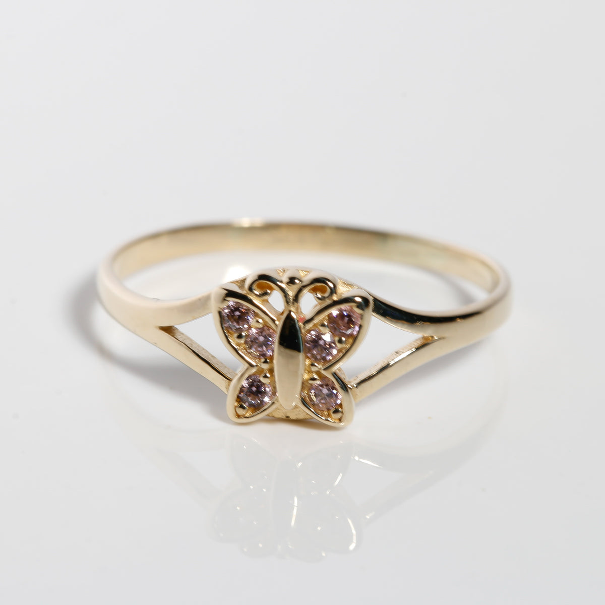 14K solid yellow gold butterfly ring with pink cubic zirconias