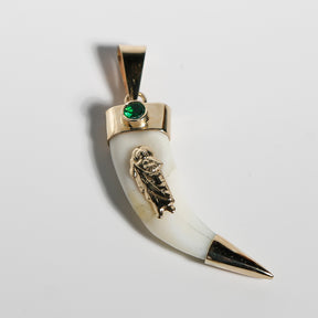 14K Solid Gold San Judas Tadeo Colmillo (Fang) Pendant with Emerald Color Cubic Zirconia