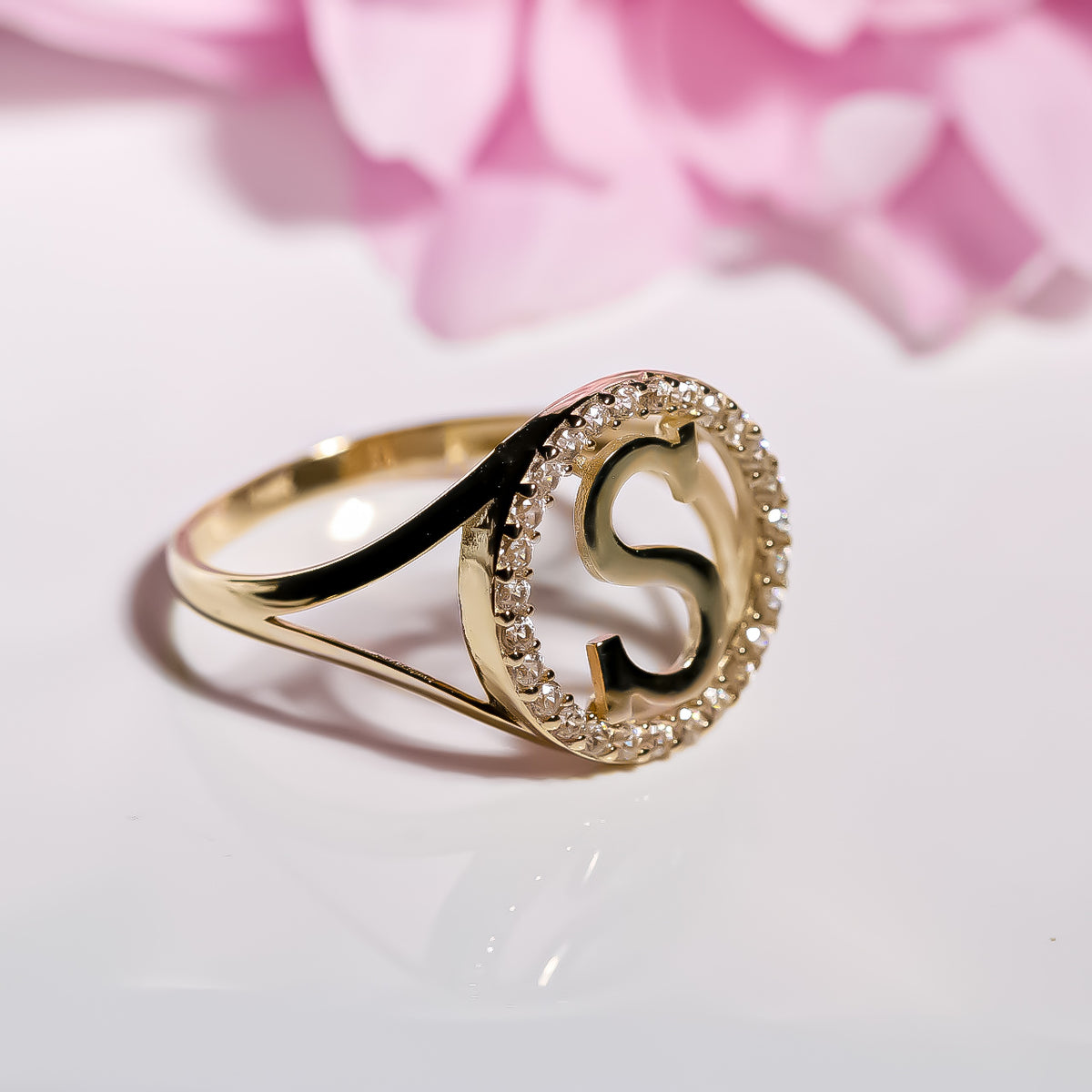 Letter S Ring cz, 14K Solid Yellow Gold