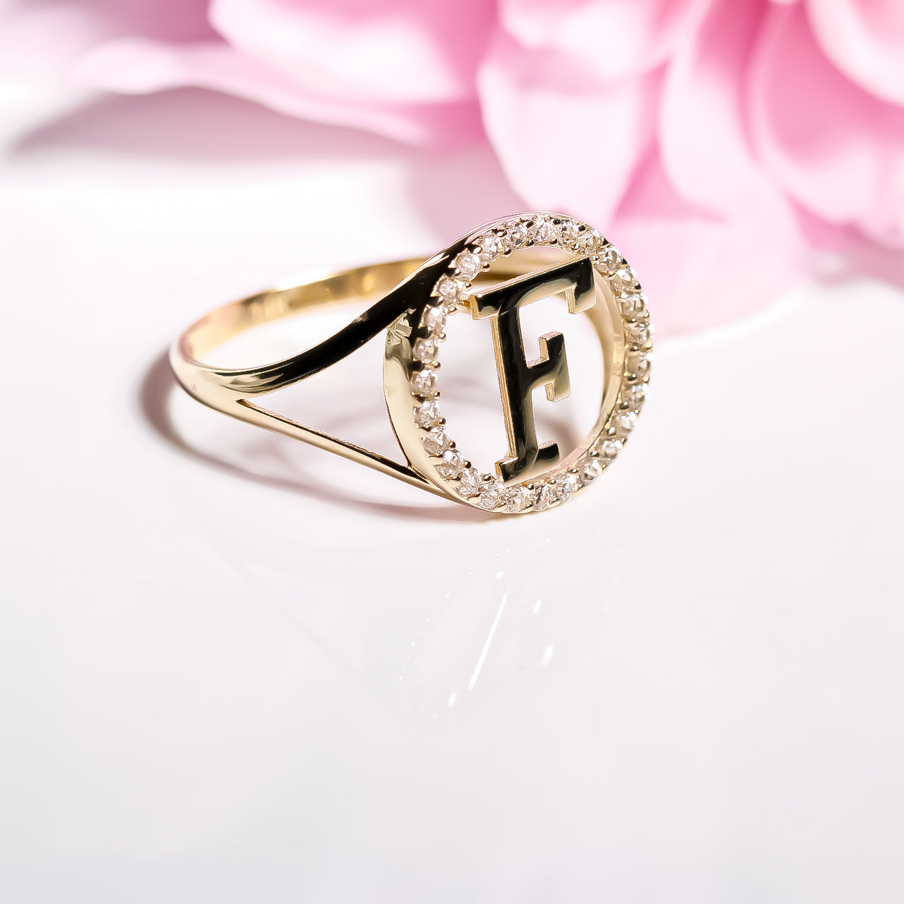 Letter F Ring cz, 14K Solid Yellow Gold