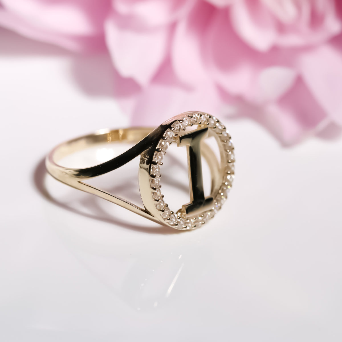 Letter I Ring cz, 14K Solid Yellow Gold