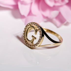 Letter G Ring cz, 14K Solid Yellow Gold