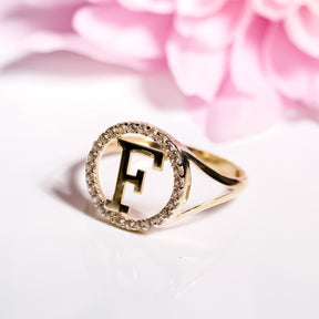 Letter F Ring cz, 14K Solid Yellow Gold