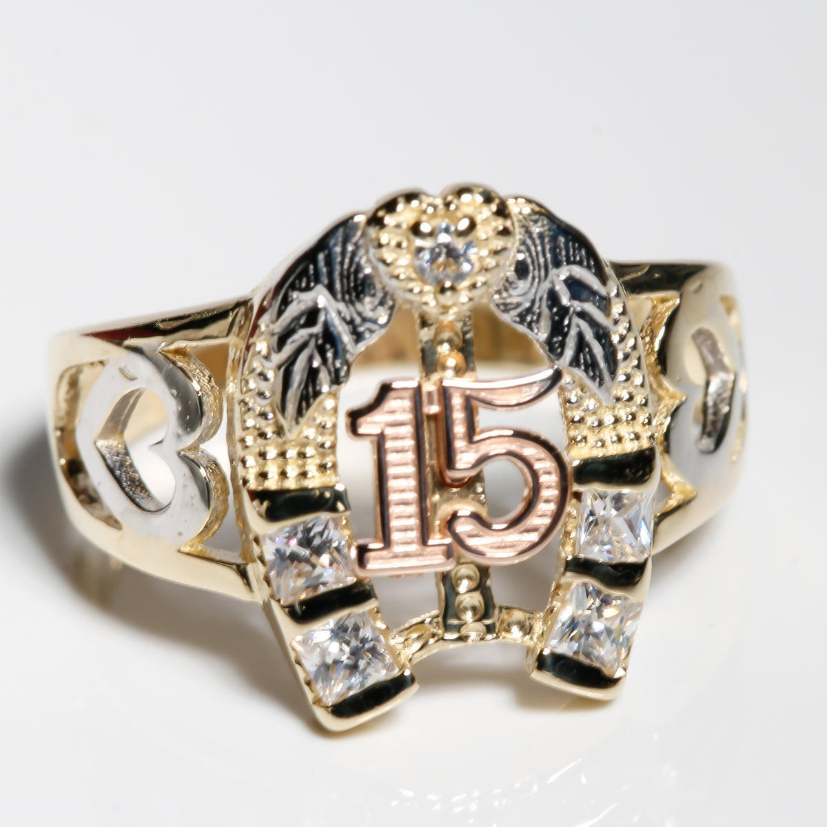 Lucky Horseshoe Quinceañera “15” Ring – 14K Solid Gold Three-Tone with Clear CZ