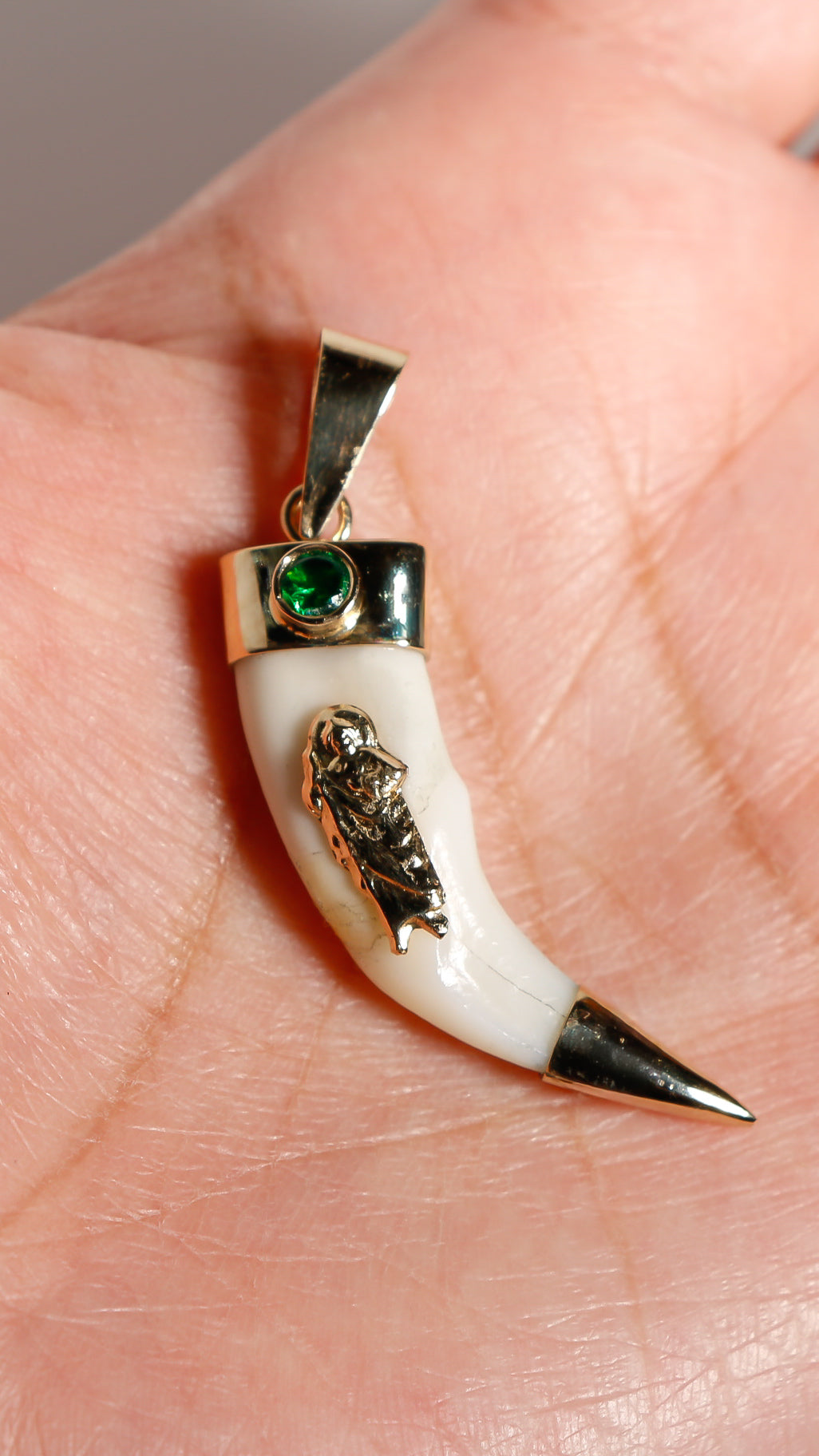 14K Solid Gold San Judas Tadeo Colmillo (Fang) Pendant with Emerald Color Cubic Zirconia