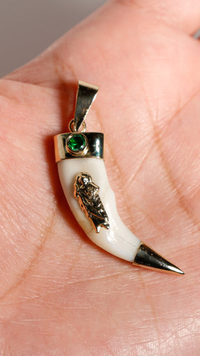14K Solid Gold San Judas Tadeo Colmillo (Fang) Pendant with Emerald Color Cubic Zirconia