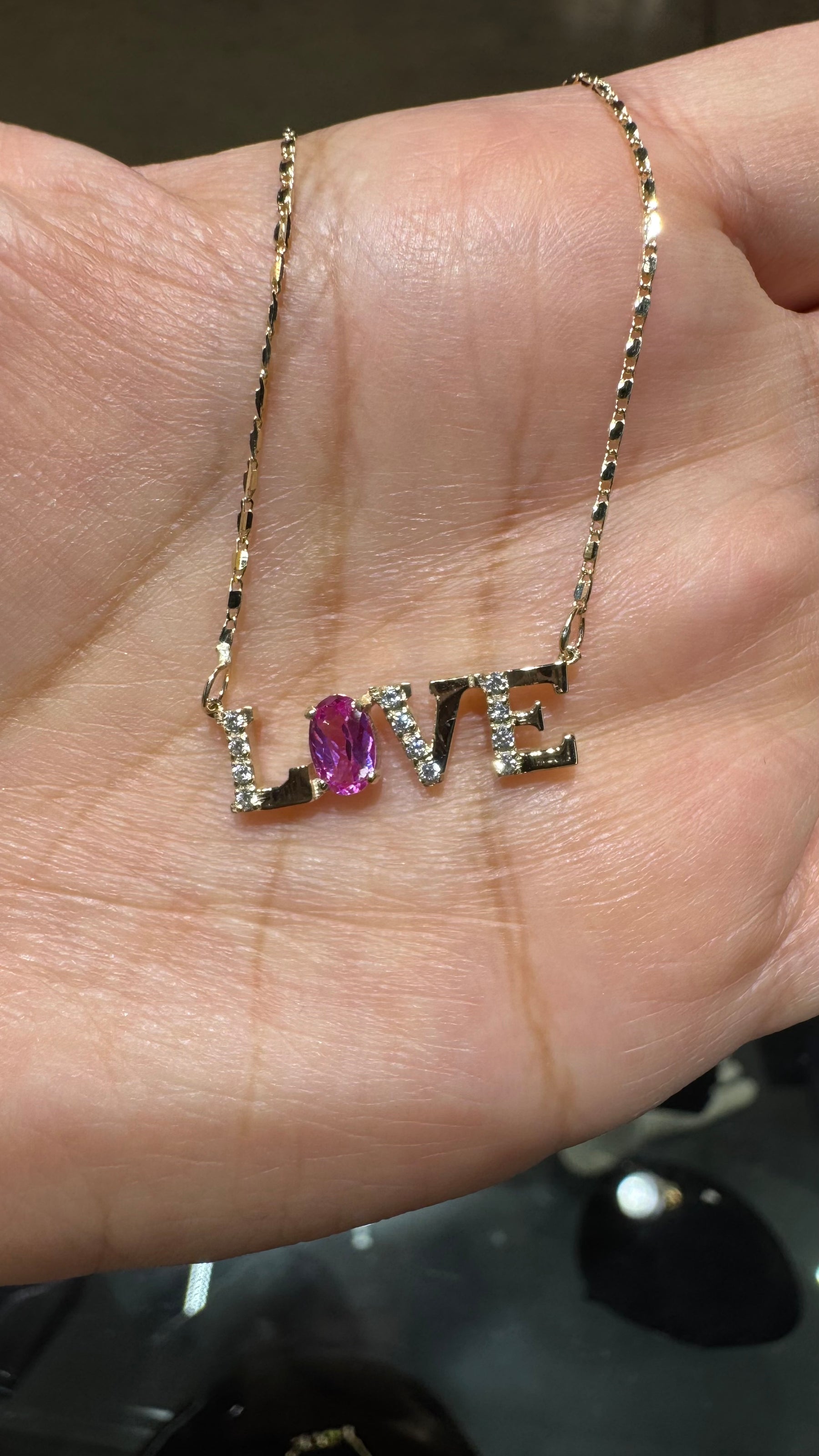 14K Solid Gold LOVE Pendant with Pink Stone and Cubic Zirconias