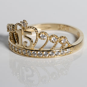 14K Solid Gold Quinceañera Crown Ring with “15” Design & Cubic Zirconia Accents
