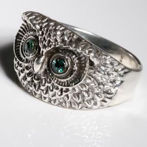 Emerald Green eyes Owl Ring cz, 925 Sterling Silver