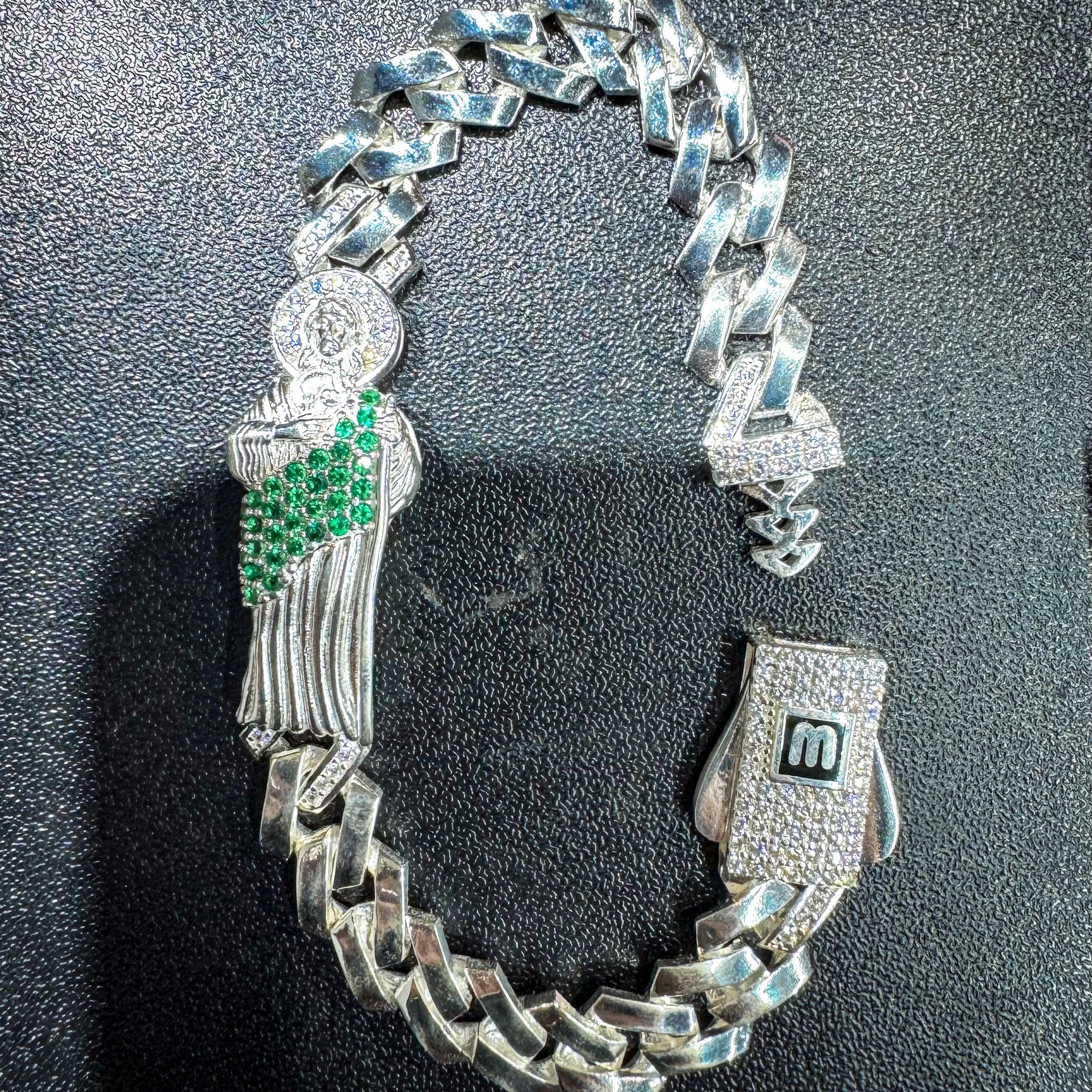 San Judas Bracelet – 925 Sterling Silver with Green Cubic Zirconia