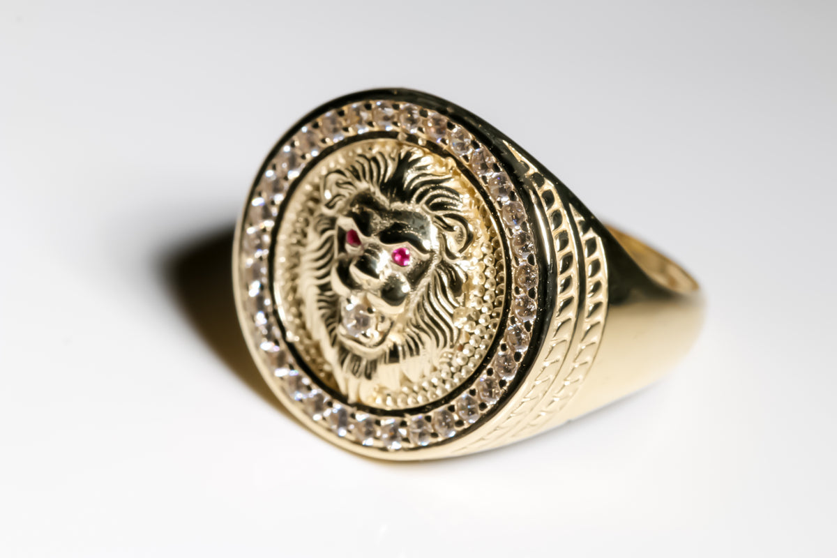 Lion Ring cz, 14k Solid Yellow Gold