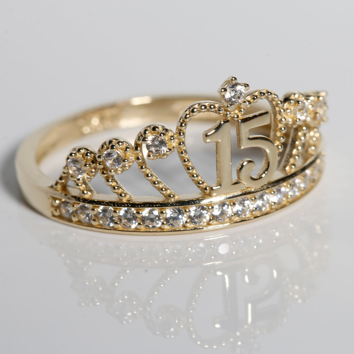 14K Solid Gold Quinceañera Crown Ring with “15” Design & Cubic Zirconia Accents