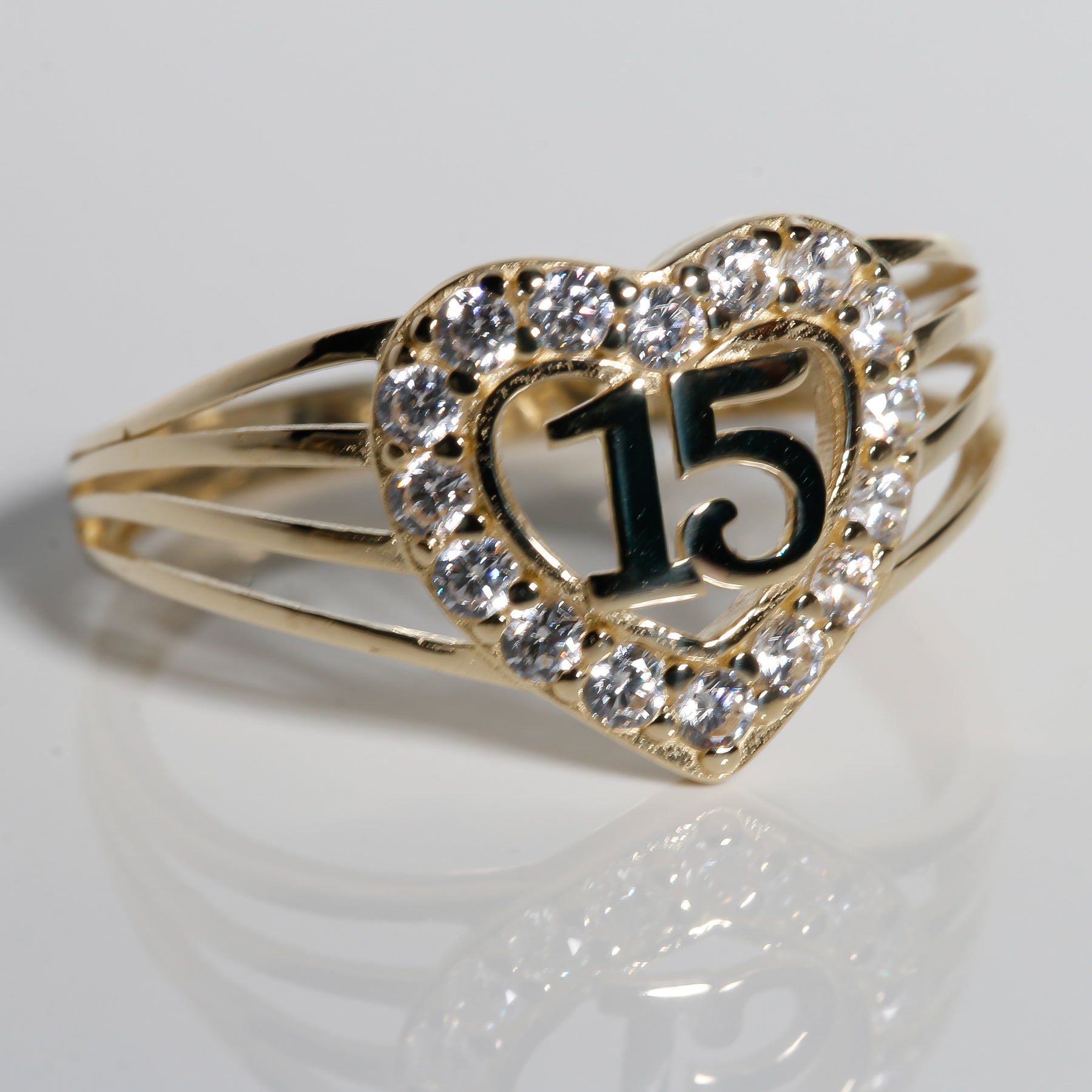 Eternal Heart Quinceañera “15” Ring – 14K Solid Yellow Gold with Clear CZ