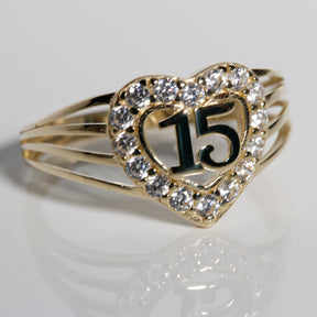 Eternal Heart Quinceañera “15” Ring – 14K Solid Yellow Gold with Clear CZ