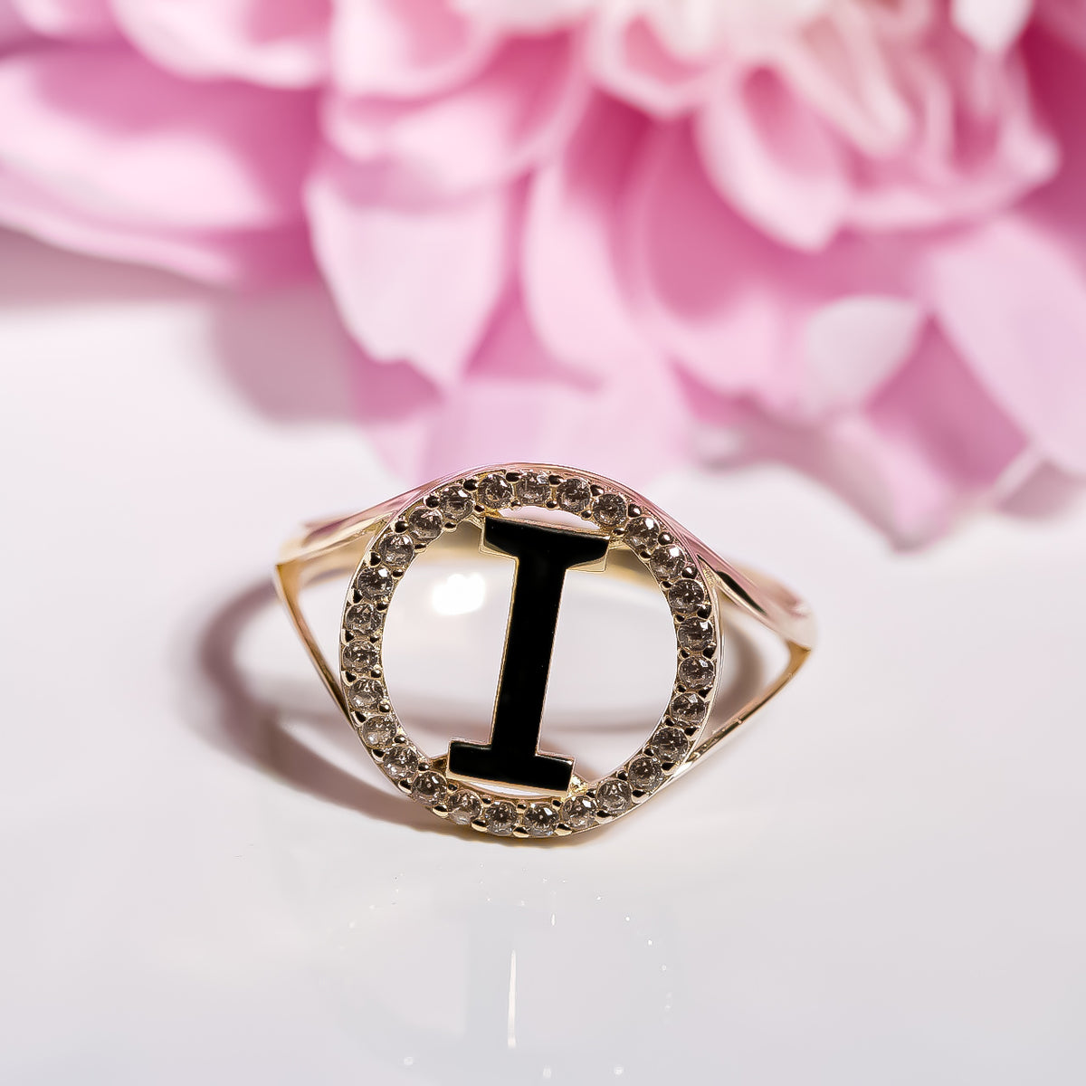 Letter I Ring cz, 14K Solid Yellow Gold