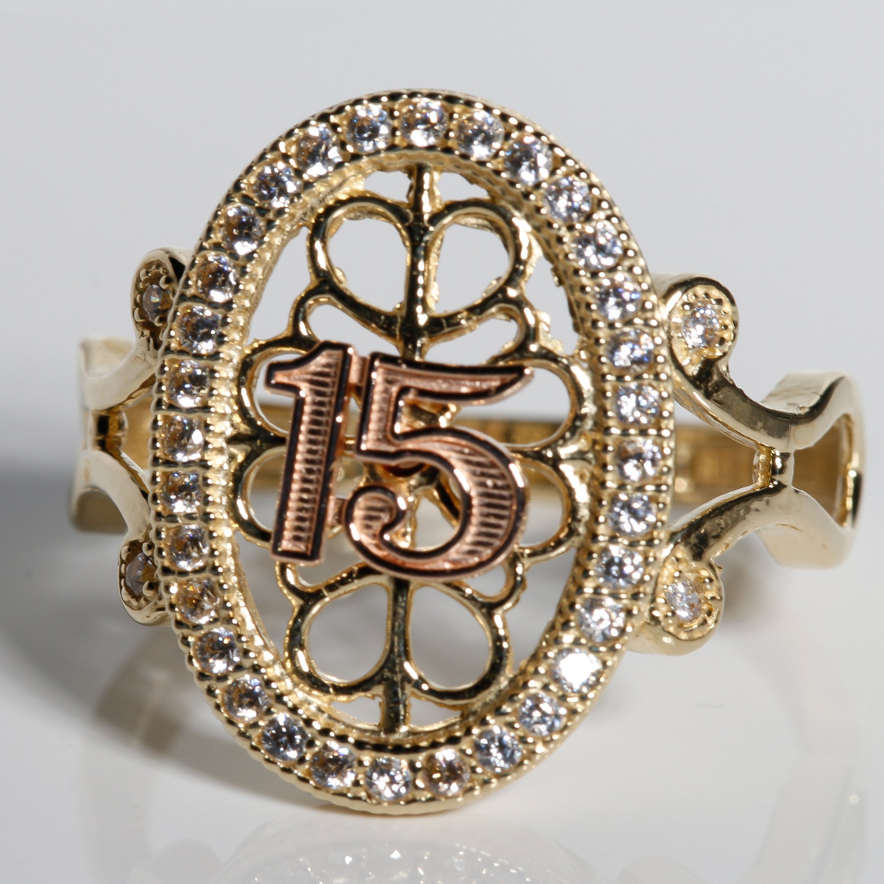 Royal Oval Quinceañera Ring – 14K Solid Gold Three-Tone “15” with CZ