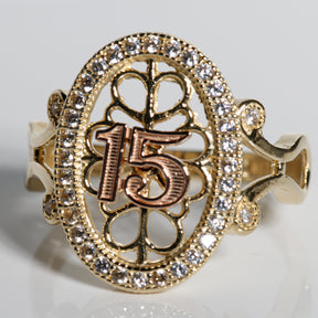 Royal Oval Quinceañera Ring – 14K Solid Gold Three-Tone “15” with CZ