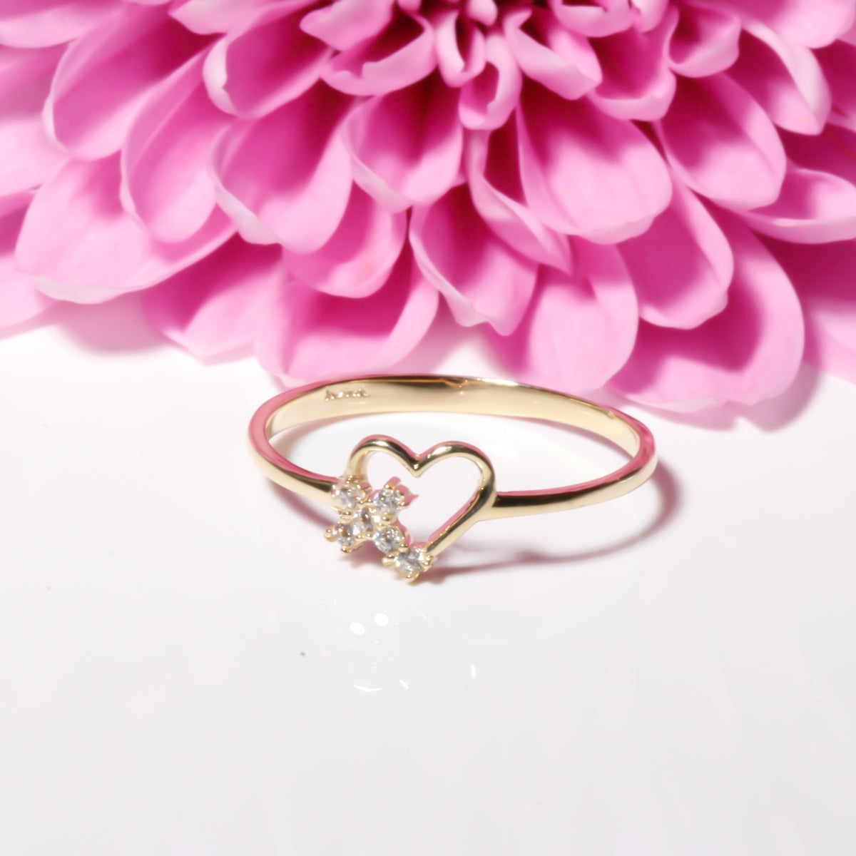 Heart and Cross Ring with Cubic Zirconia Stones – 14K Solid Yellow Gold