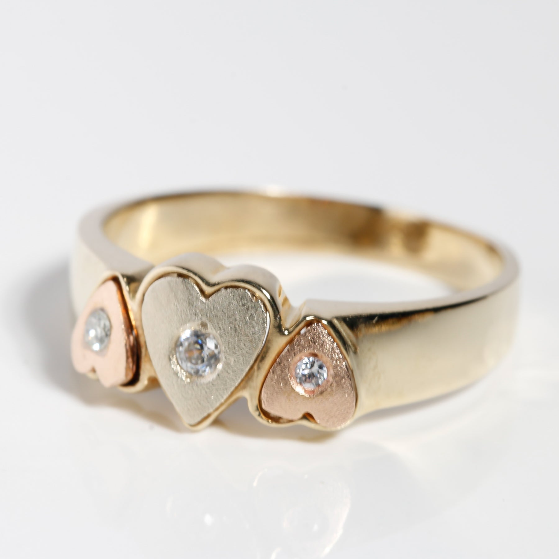 14K Solid Gold Tricolor Three Hearts Ring