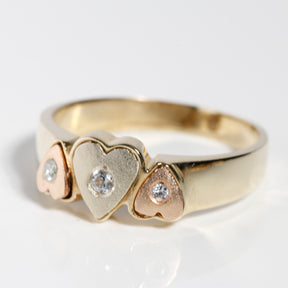 14K Solid Gold Tricolor Three Hearts Ring