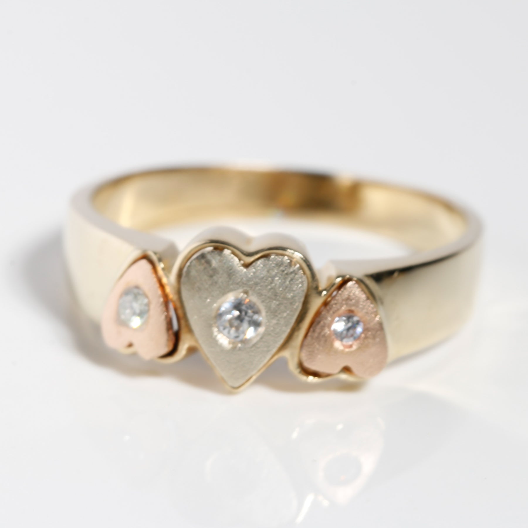 14K Solid Gold Tricolor Three Hearts Ring