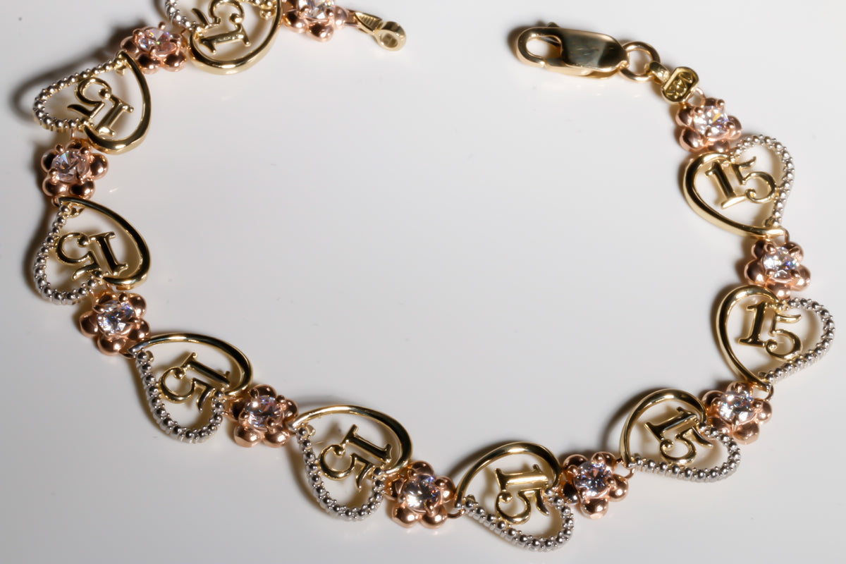 Hearts & Flowers Quinceañera Bracelet cz, 14k Solid Two-tone Gold