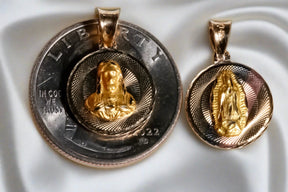 14k Solid Gold Reversible Tri-color Virgin Mary/Sacred Heart Jesus Pendant