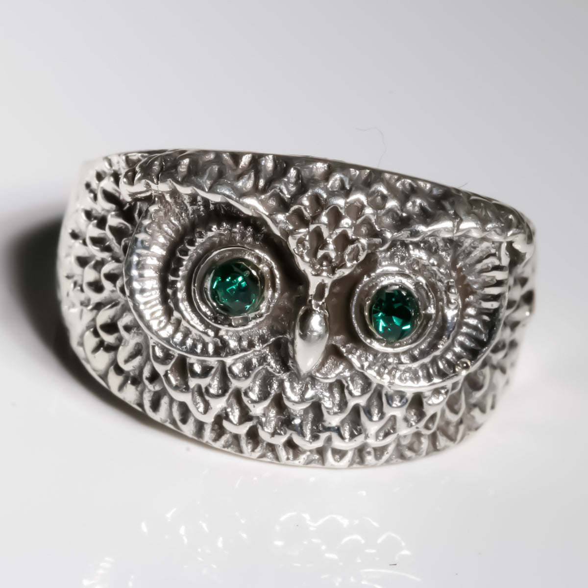 Emerald Green eyes Owl Ring cz, 925 Sterling Silver