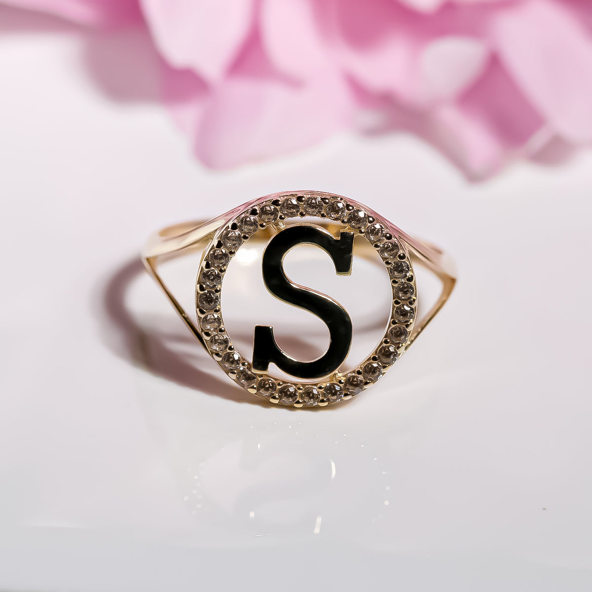 Letter S Ring cz, 14K Solid Yellow Gold