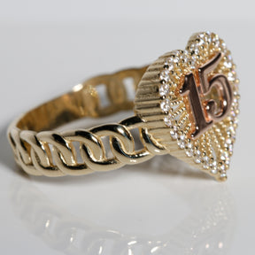 Golden Heart Chain Quinceañera “15” Ring – 14K Solid Gold with Clear CZ