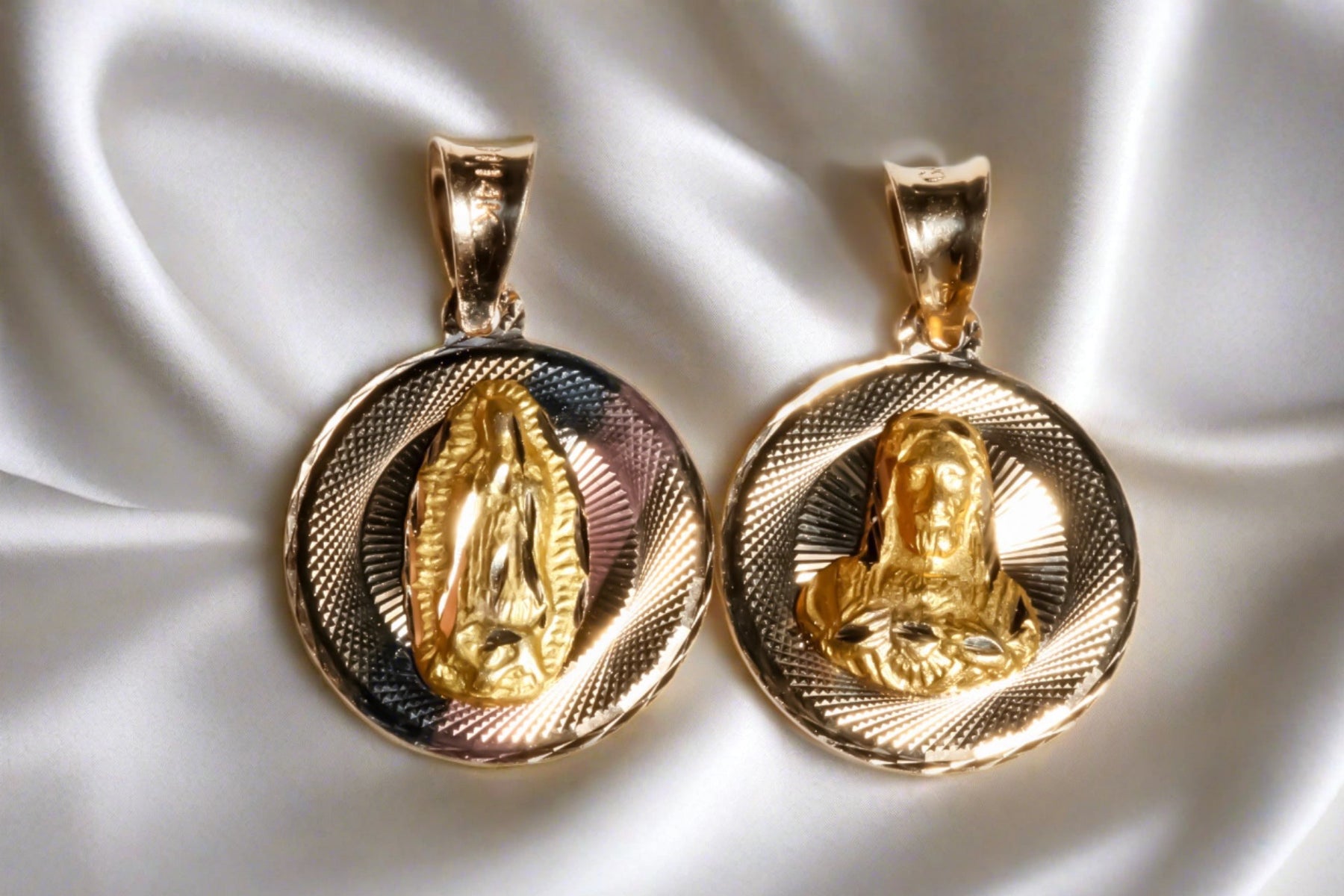 14k Solid Gold Reversible Tri-color Virgin Mary/Sacred Heart Jesus Pendant