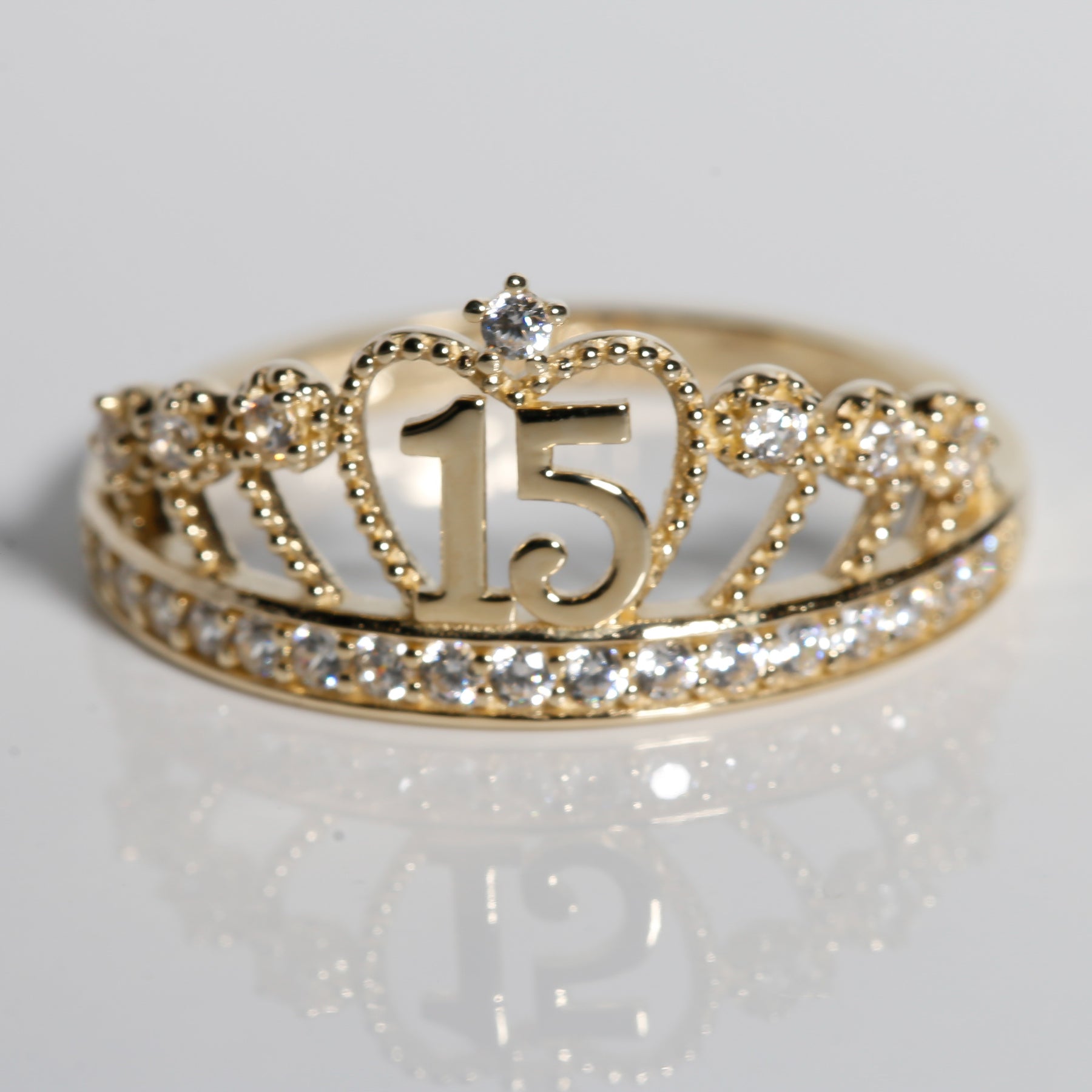 14K Solid Gold Quinceañera Crown Ring with “15” Design & Cubic Zirconia Accents
