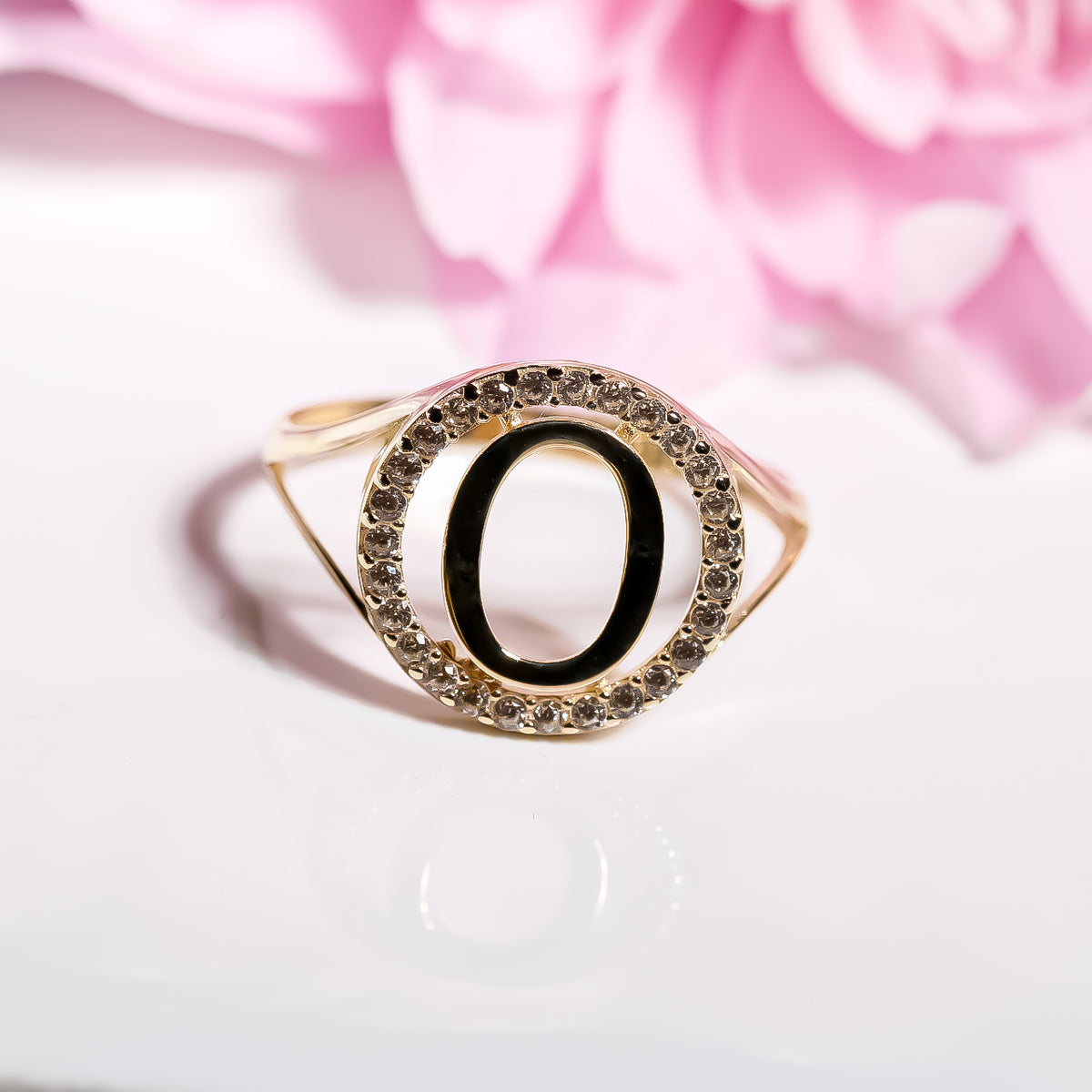 Letter O Ring cz, 14K Solid Yellow Gold