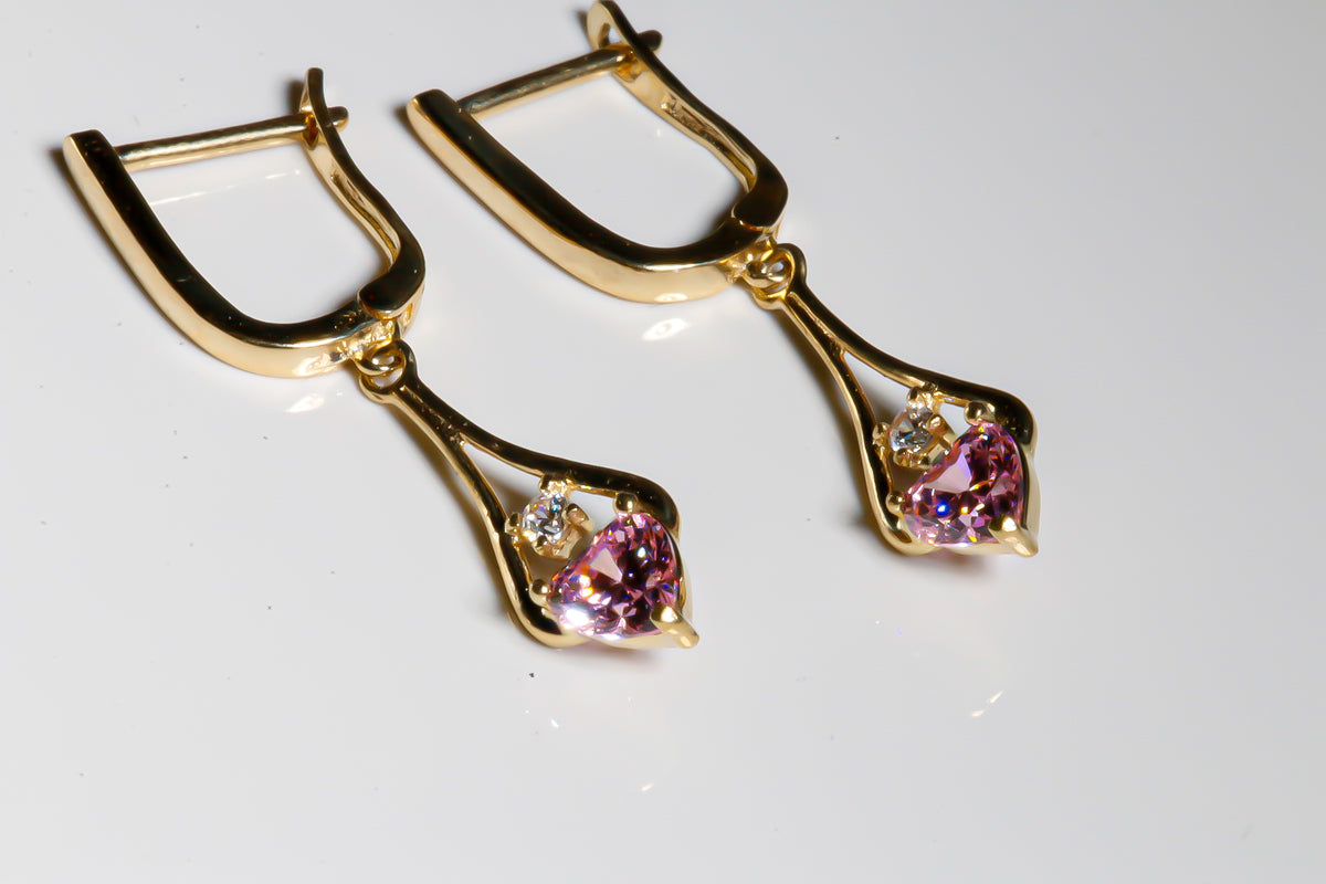 Pink Heart Drop Earrings cz, 14k Solid Yellow Gold